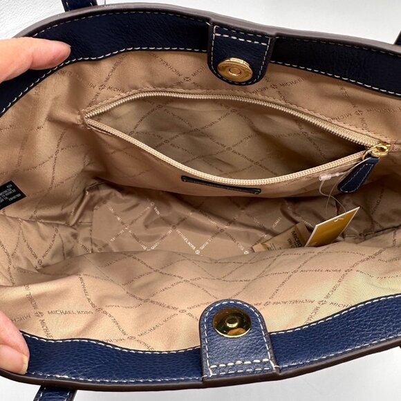 Michael Kors Logo Navy Blue Leather Tote Bag Purse | Dual Handles Front Pockets - Picture 12 of 15